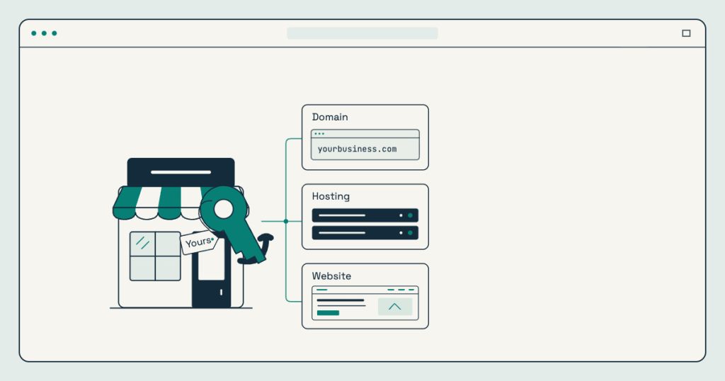 Illustration of a small business holding the key to its domain name, hosting and website