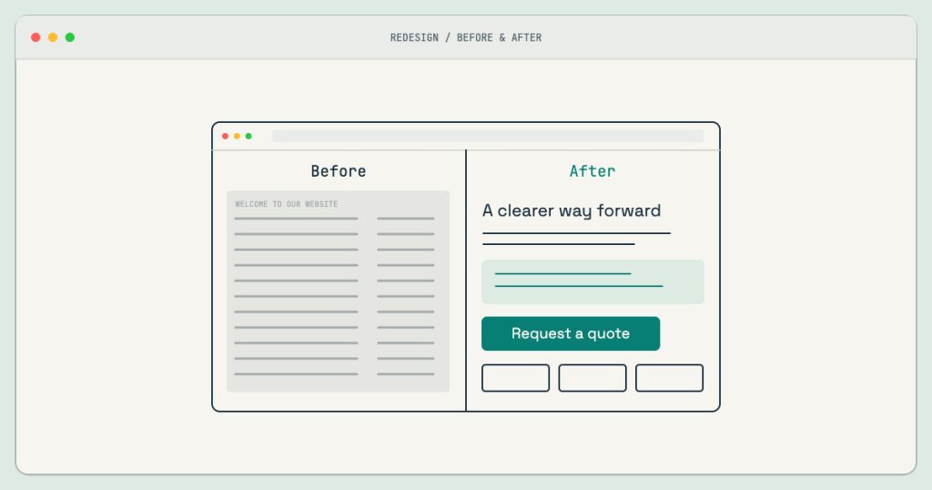Illustration of an outdated business website beside its clean redesign