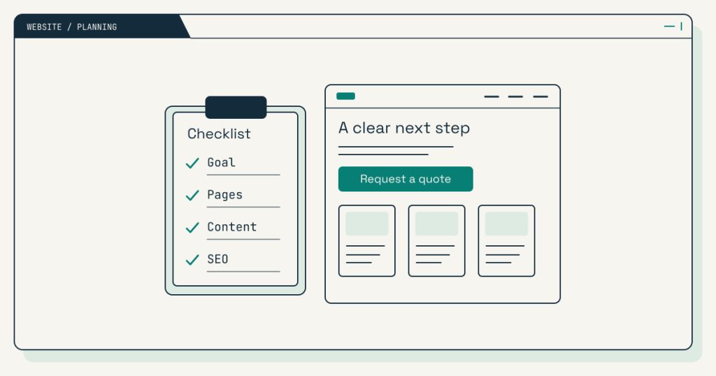 Illustration of a website planning checklist next to a small business homepage wireframe