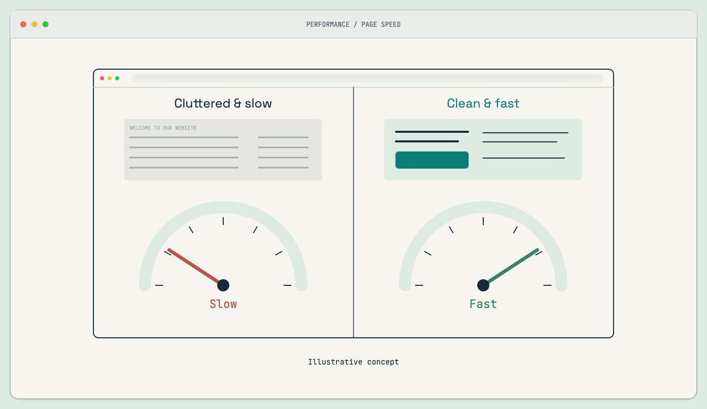 Illustration comparing a slow website with a red speed gauge and a fast website with a green gauge